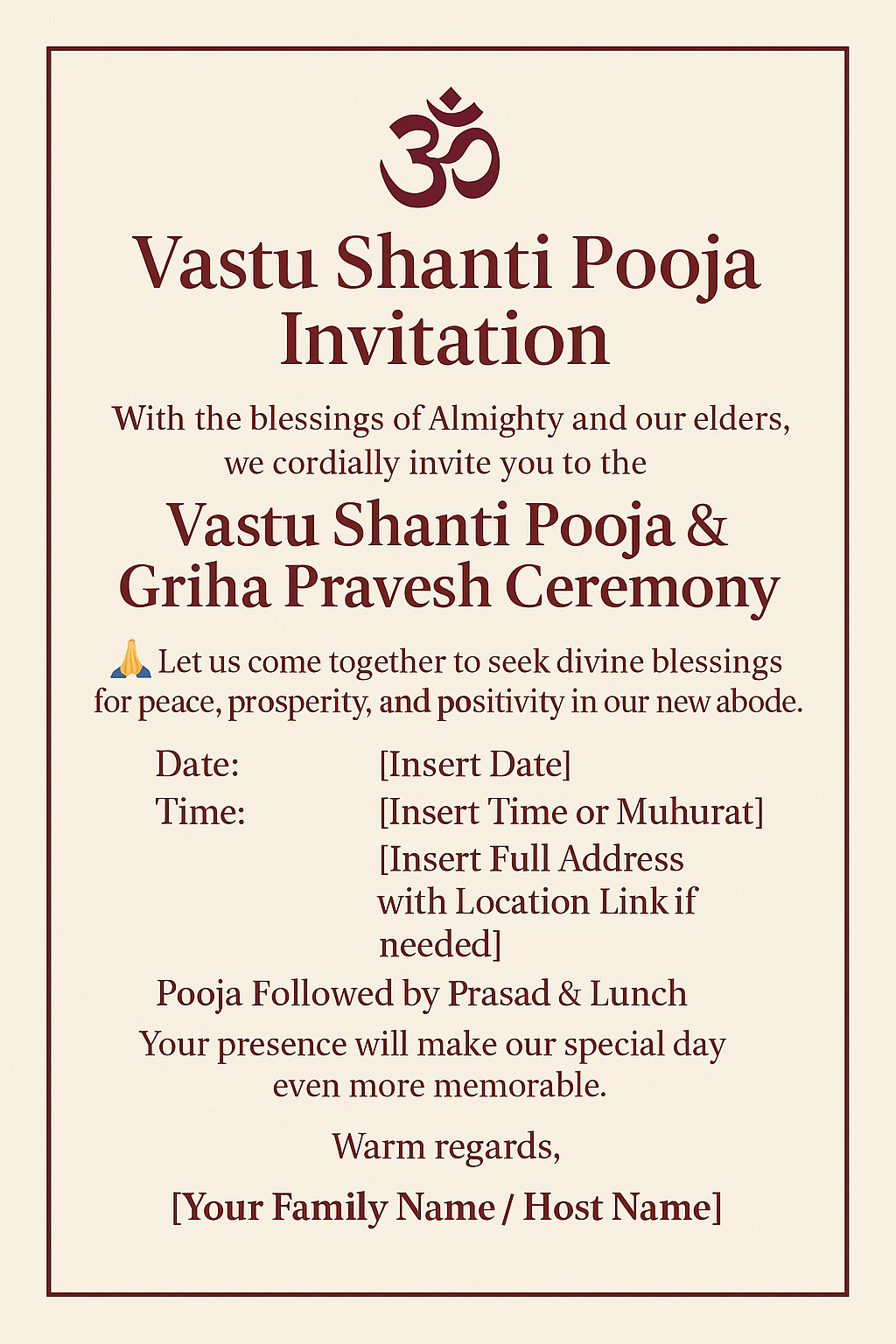 vastu shanti invitation card​